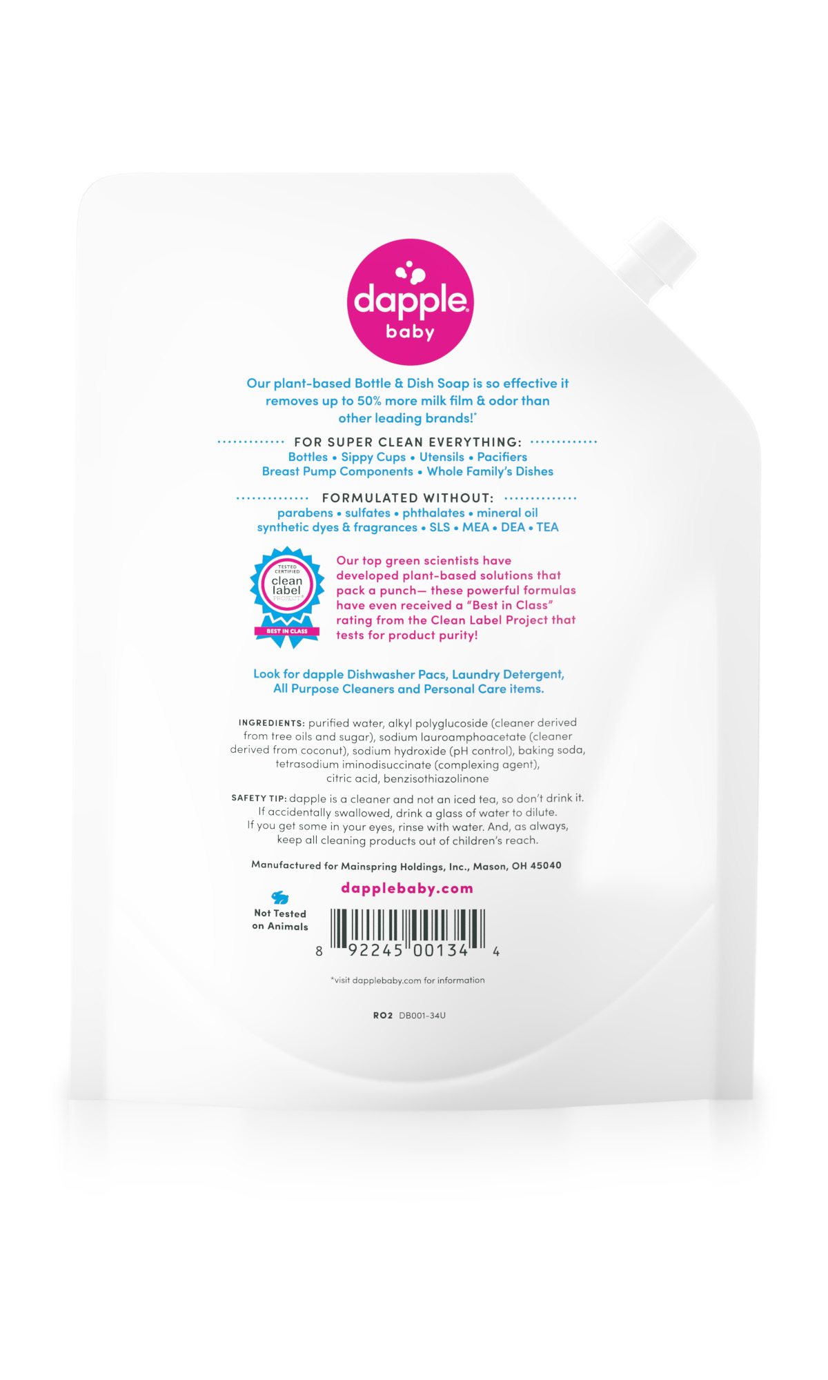 Dapple Fragrance Free Baby Bottle & Dish Soap, 16.9 oz